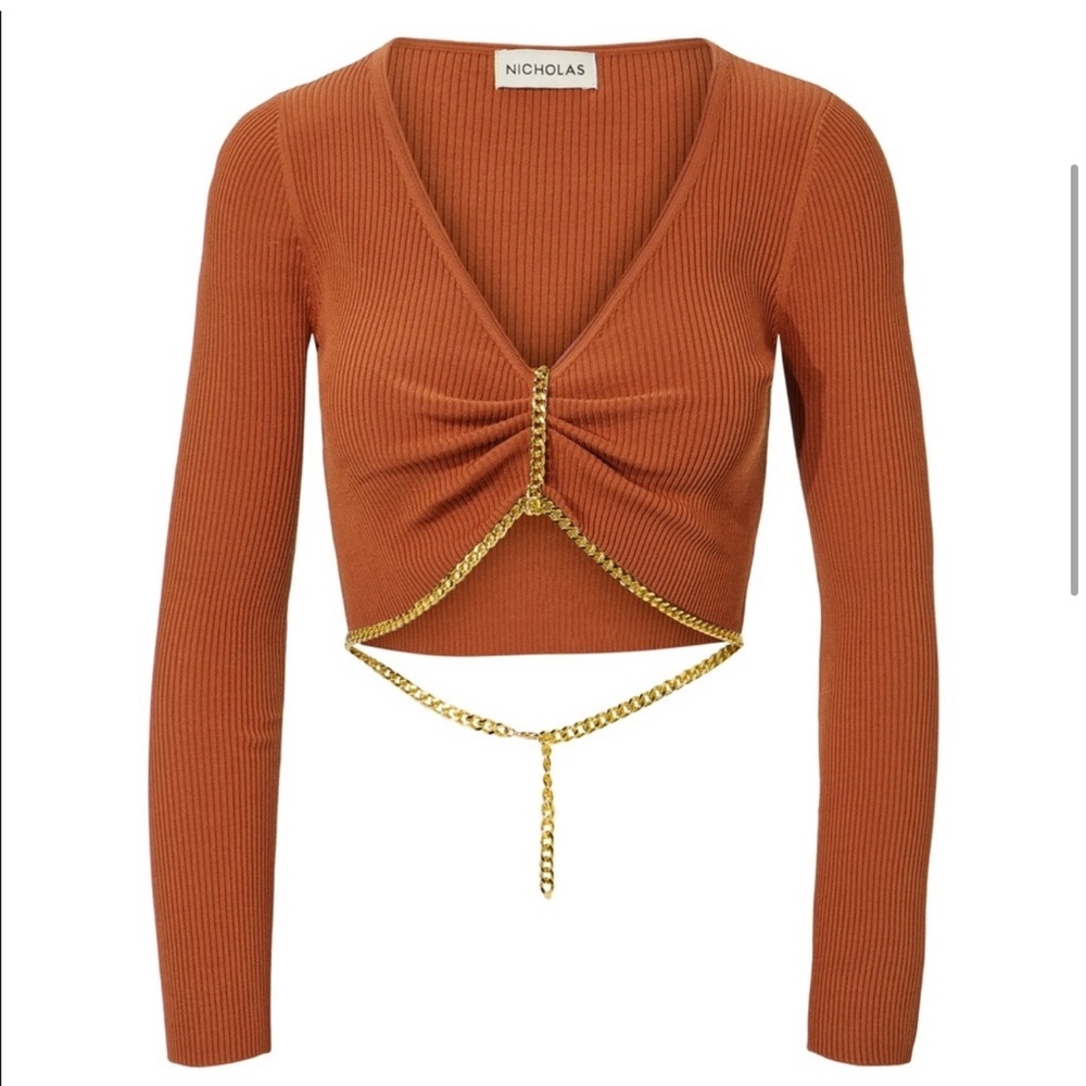 Nicholas Alma gold chain detailed burnt orange ribbed long sleeve crop top